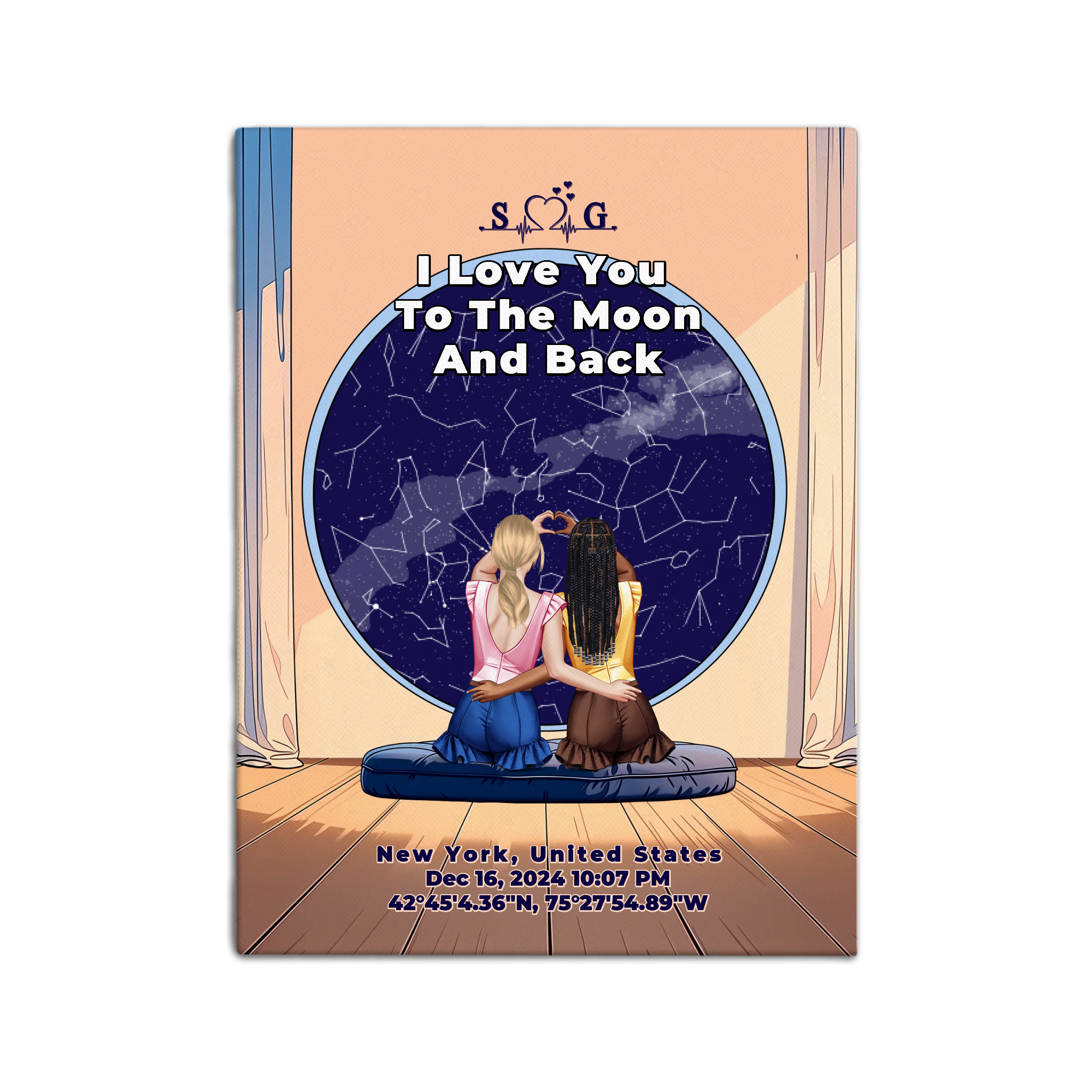 Personalized lesbian couple star map canvas of two people sitting together by a window under the night sky, with a custom star map based on their location, date and time, plus optional location name, date and GPS coordinates — LOVECOUPLET