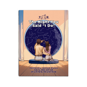 Personalized couple star map canvas of two people sitting together by a window under the night sky, with a custom star map based on their location, date and time, plus optional location name, date and GPS coordinates — LOVECOUPLET