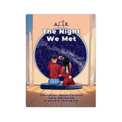 Personalized couple star map canvas of two people sitting together by a window under the night sky, with a custom star map based on their location, date and time, plus optional location name, date and GPS coordinates — LOVECOUPLET