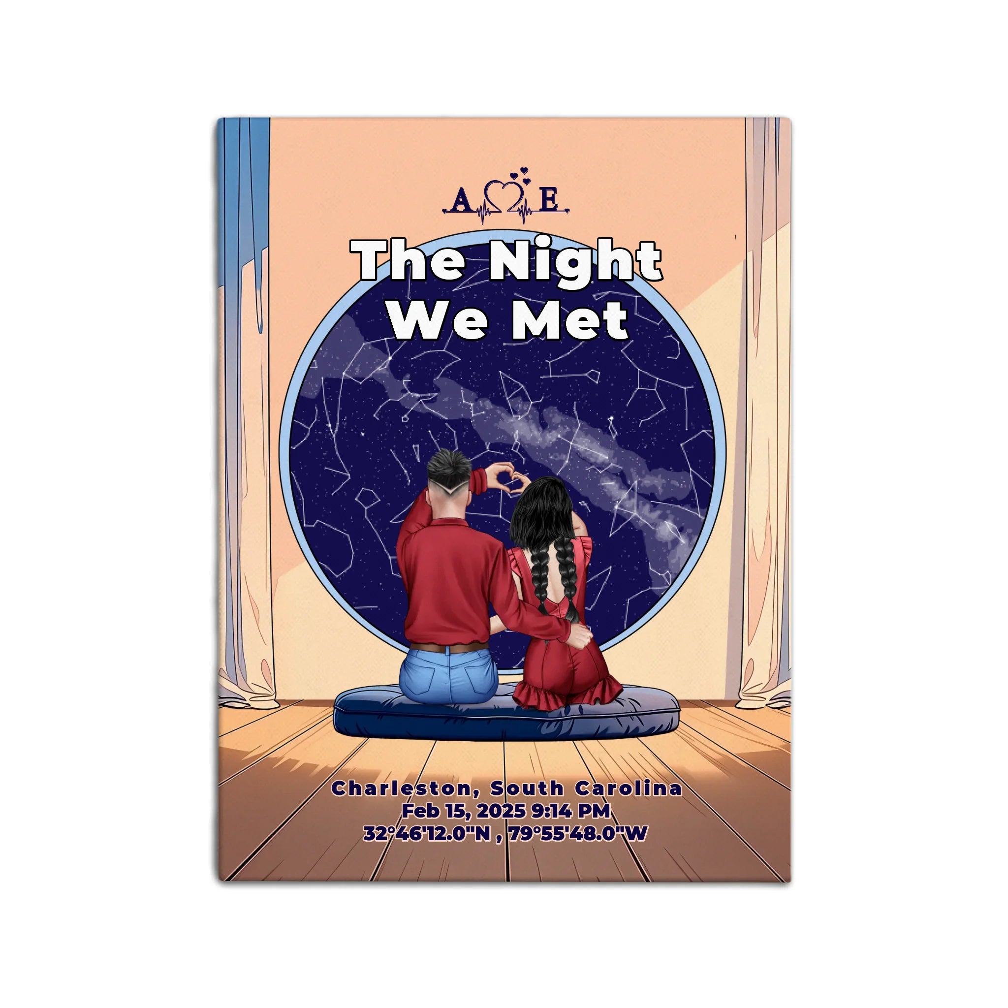 Personalized couple star map canvas of two people sitting together by a window under the night sky, with a custom star map based on their location, date and time, plus optional location name, date and GPS coordinates — LOVECOUPLET