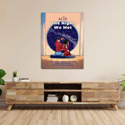 Personalized couple star map canvas of two people sitting together by a window under the night sky, with a custom star map based on their location, date and time, plus optional location name, date and GPS coordinates — LOVECOUPLET