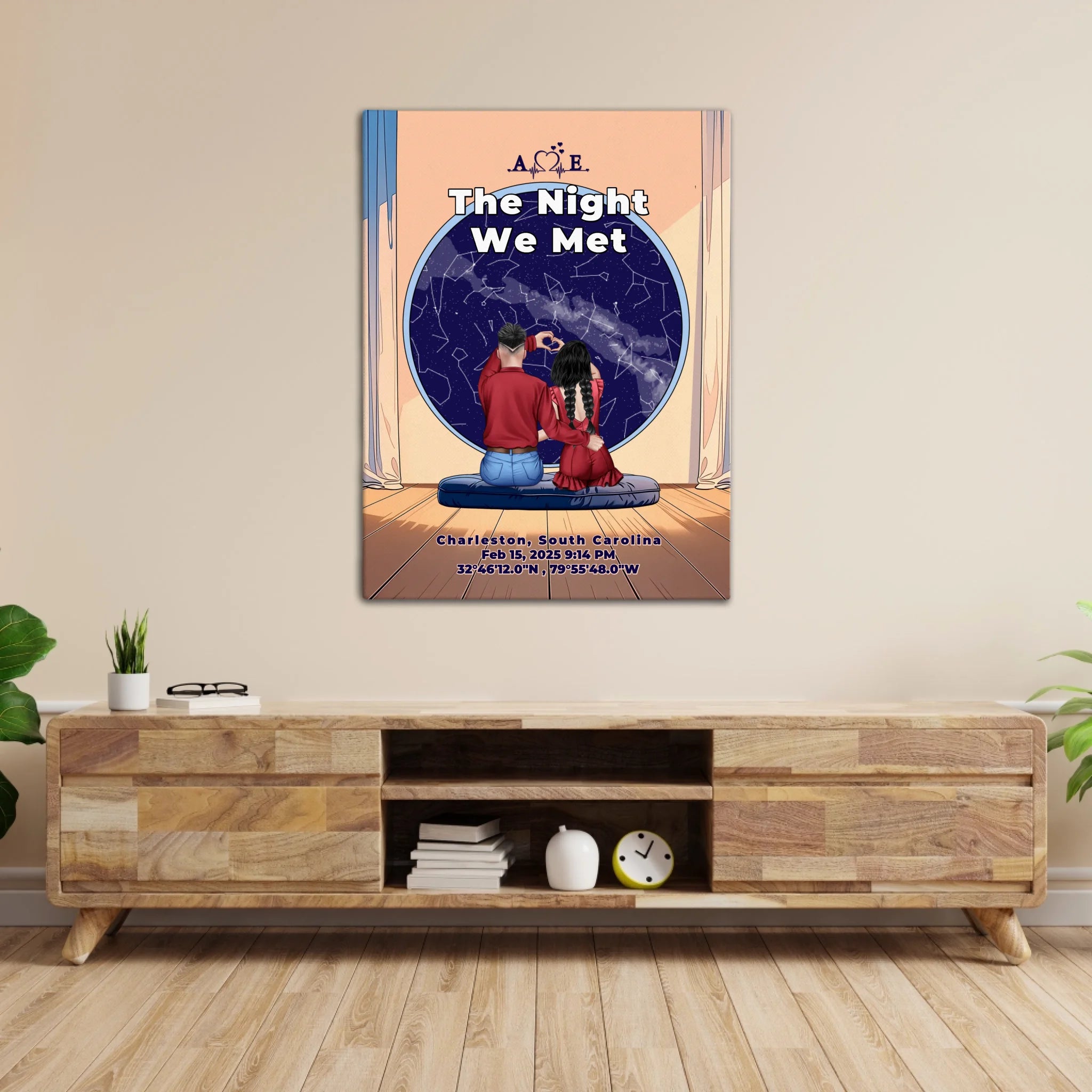 Personalized couple star map canvas of two people sitting together by a window under the night sky, with a custom star map based on their location, date and time, plus optional location name, date and GPS coordinates — LOVECOUPLET