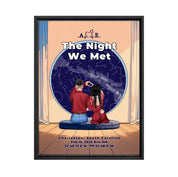 Personalized couple star map framed canvas of two people sitting together by a window under the night sky, with a custom star map based on their location, date and time, plus optional location name, date and GPS coordinates — LOVECOUPLET