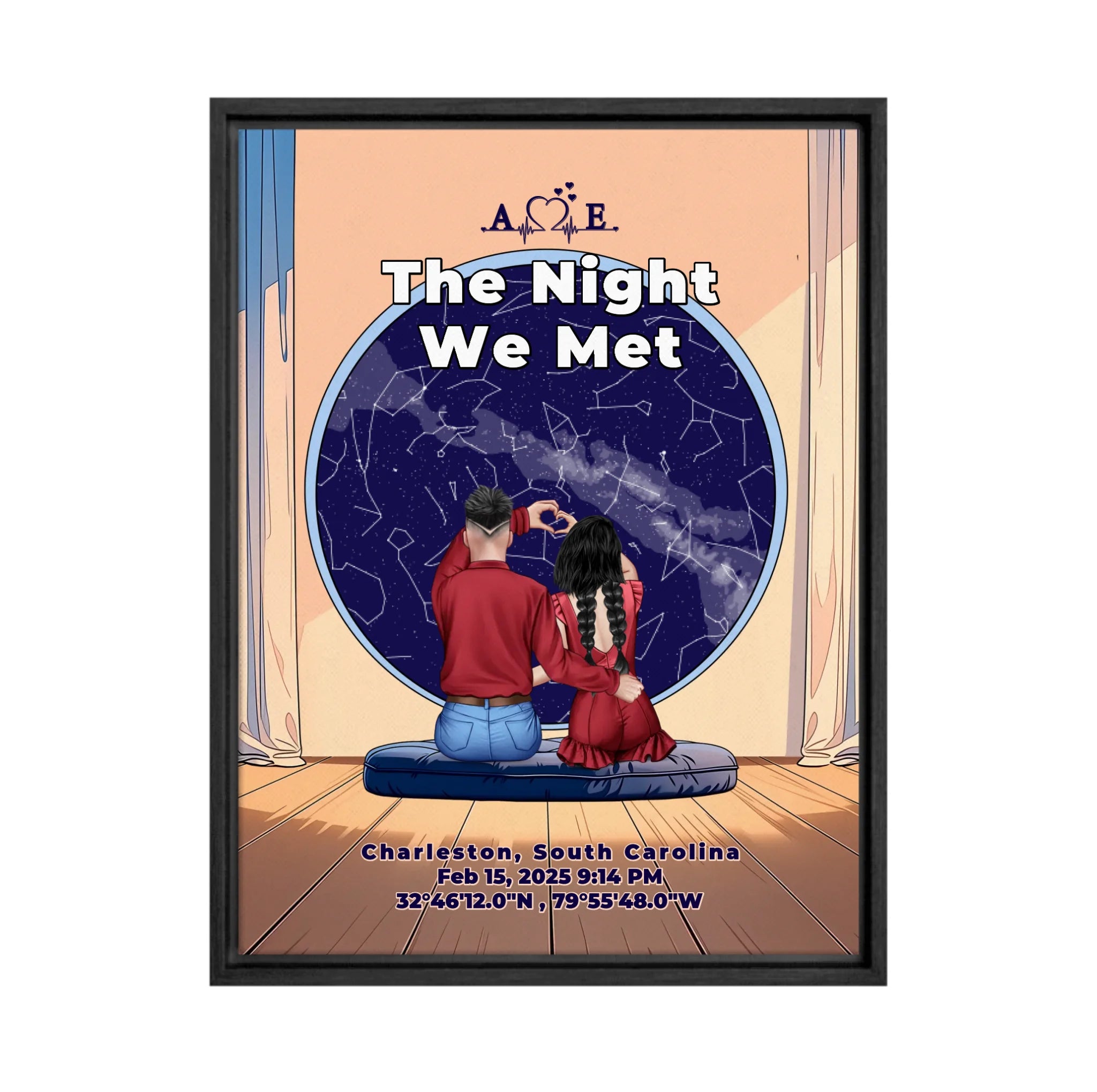 Personalized couple star map framed canvas of two people sitting together by a window under the night sky, with a custom star map based on their location, date and time, plus optional location name, date and GPS coordinates — LOVECOUPLET