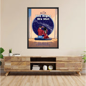 Personalized couple star map framed canvas of two people sitting together by a window under the night sky, with a custom star map based on their location, date and time, plus optional location name, date and GPS coordinates — LOVECOUPLET