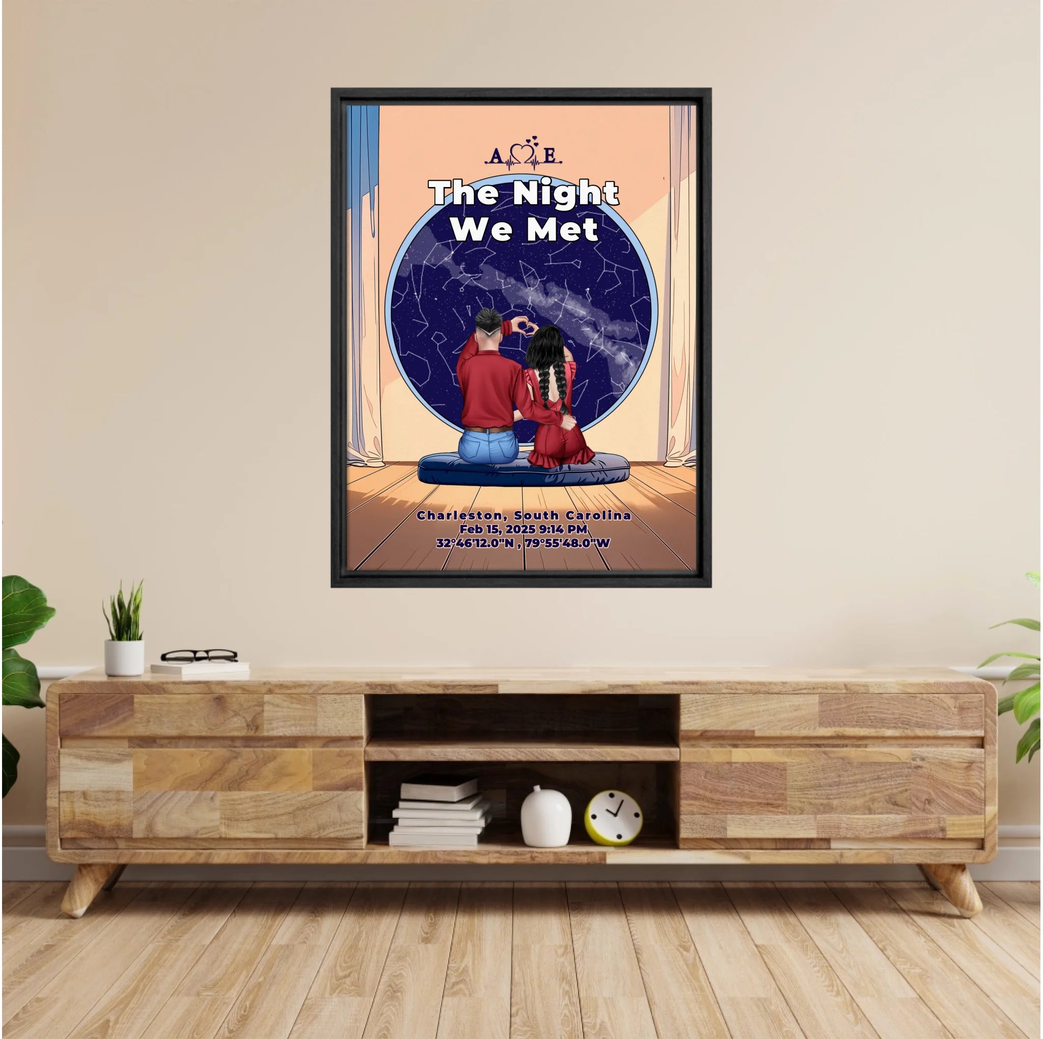 Personalized couple star map framed canvas of two people sitting together by a window under the night sky, with a custom star map based on their location, date and time, plus optional location name, date and GPS coordinates — LOVECOUPLET