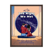 Personalized couple star map framed canvas of two people sitting together by a window under the night sky, with a custom star map based on their location, date and time, plus optional location name, date and GPS coordinates — LOVECOUPLET