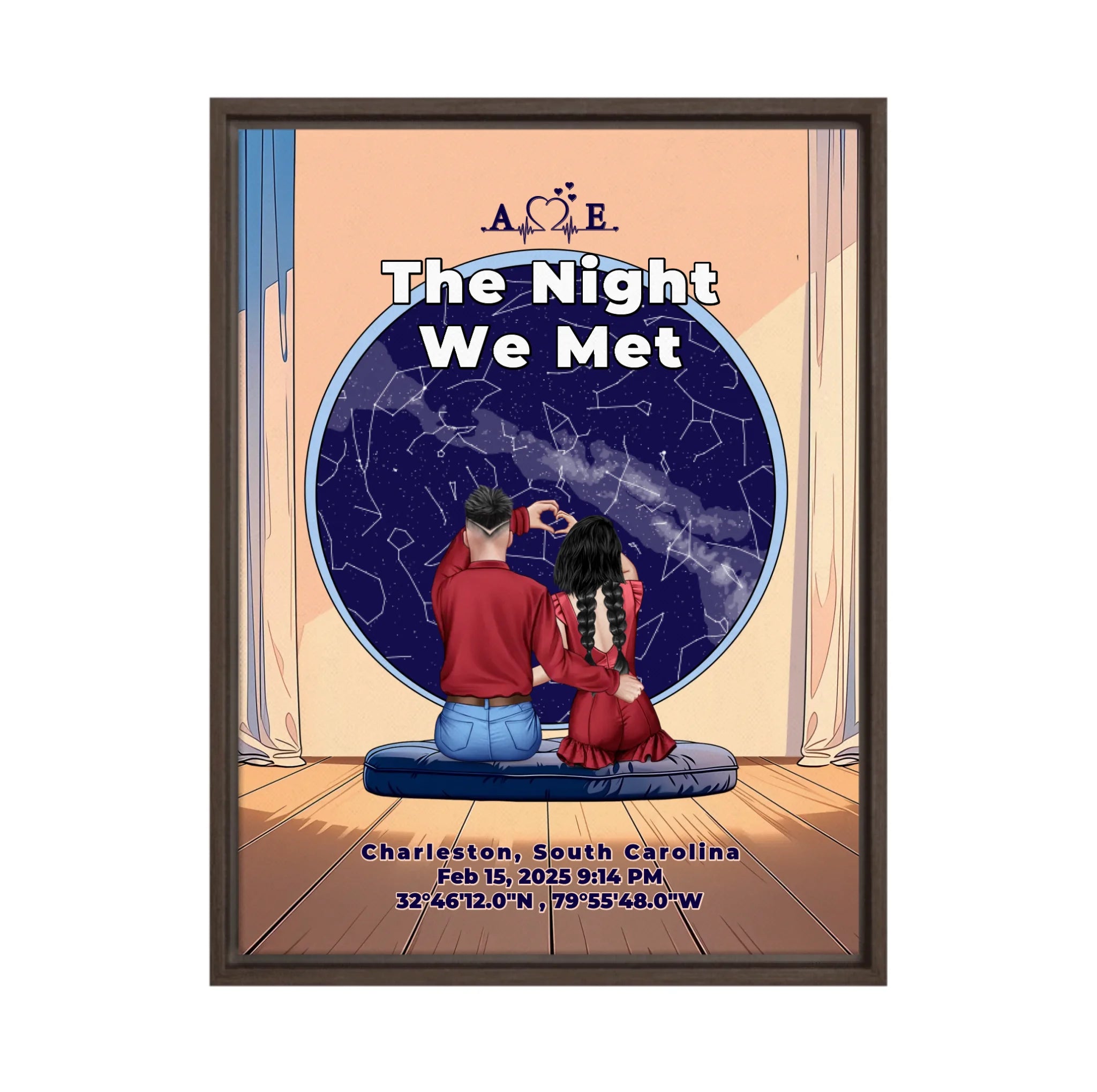 Personalized couple star map framed canvas of two people sitting together by a window under the night sky, with a custom star map based on their location, date and time, plus optional location name, date and GPS coordinates — LOVECOUPLET