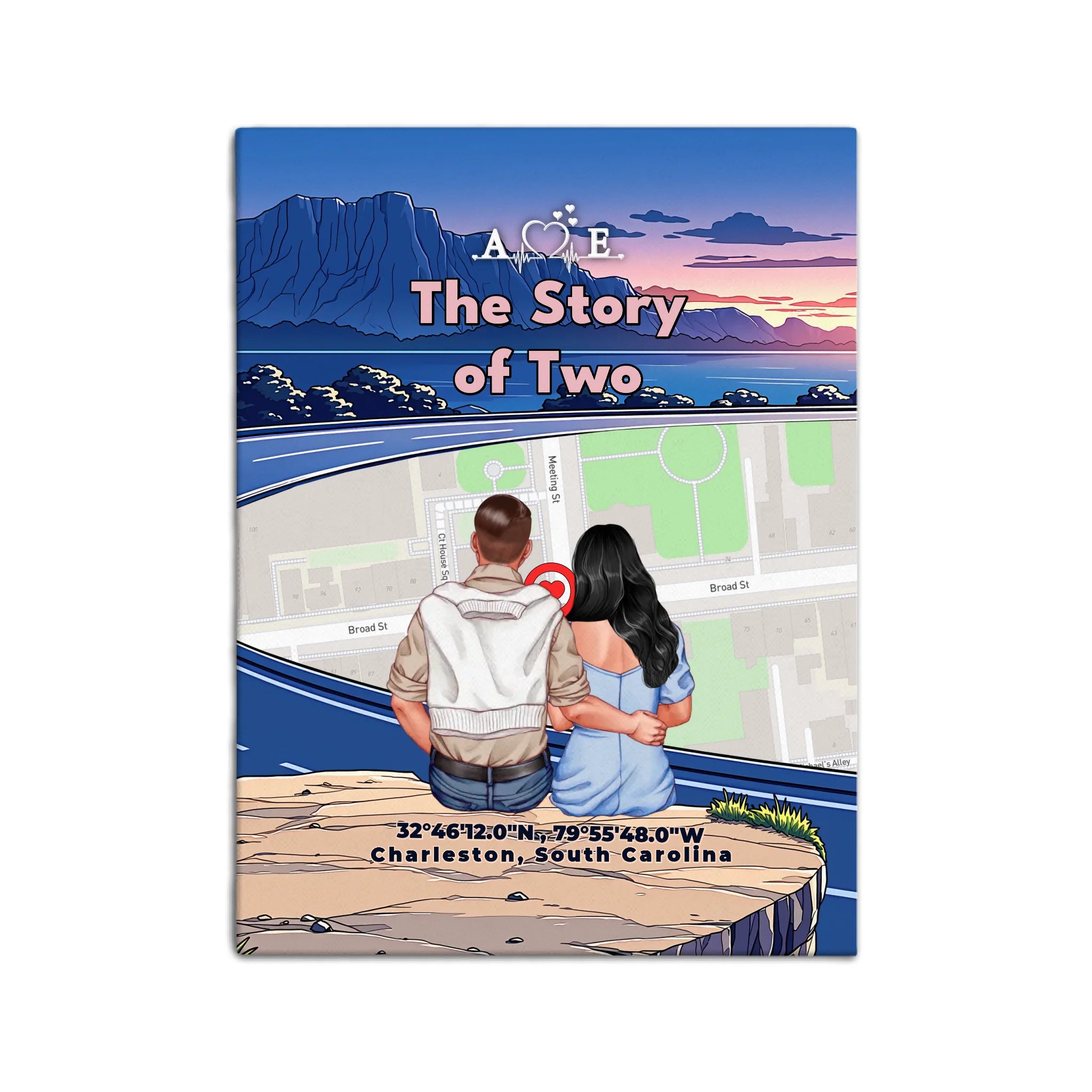 Personalized couple canvas of a couple sitting at a cliff edge overlooking a custom city street map at sunset, with a heartbeat monogram of their initials, GPS coordinates, and city name — LOVECOUPLET
