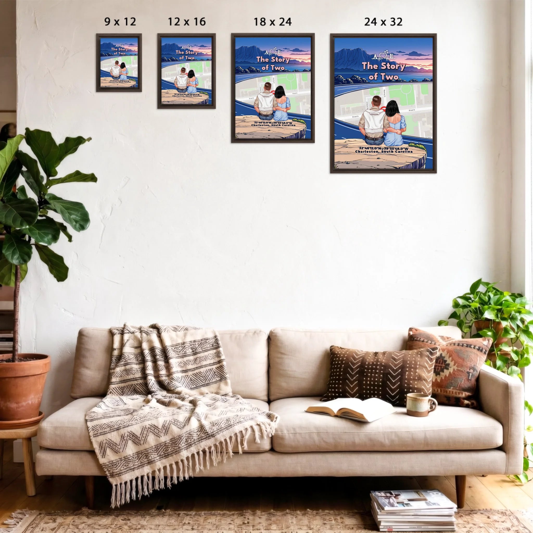 Personalized couple Framed canvas of a couple sitting at a cliff edge overlooking a custom city street map at sunset, with a heartbeat monogram of their initials, GPS coordinates, and city name — LOVECOUPLET