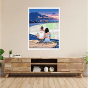 Personalized couple Framed canvas of a couple sitting at a cliff edge overlooking a custom city street map at sunset, with a heartbeat monogram of their initials, GPS coordinates, and city name — LOVECOUPLET