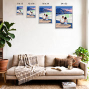 Personalized couple Framed canvas of a couple sitting at a cliff edge overlooking a custom city street map at sunset, with a heartbeat monogram of their initials, GPS coordinates, and city name — LOVECOUPLET