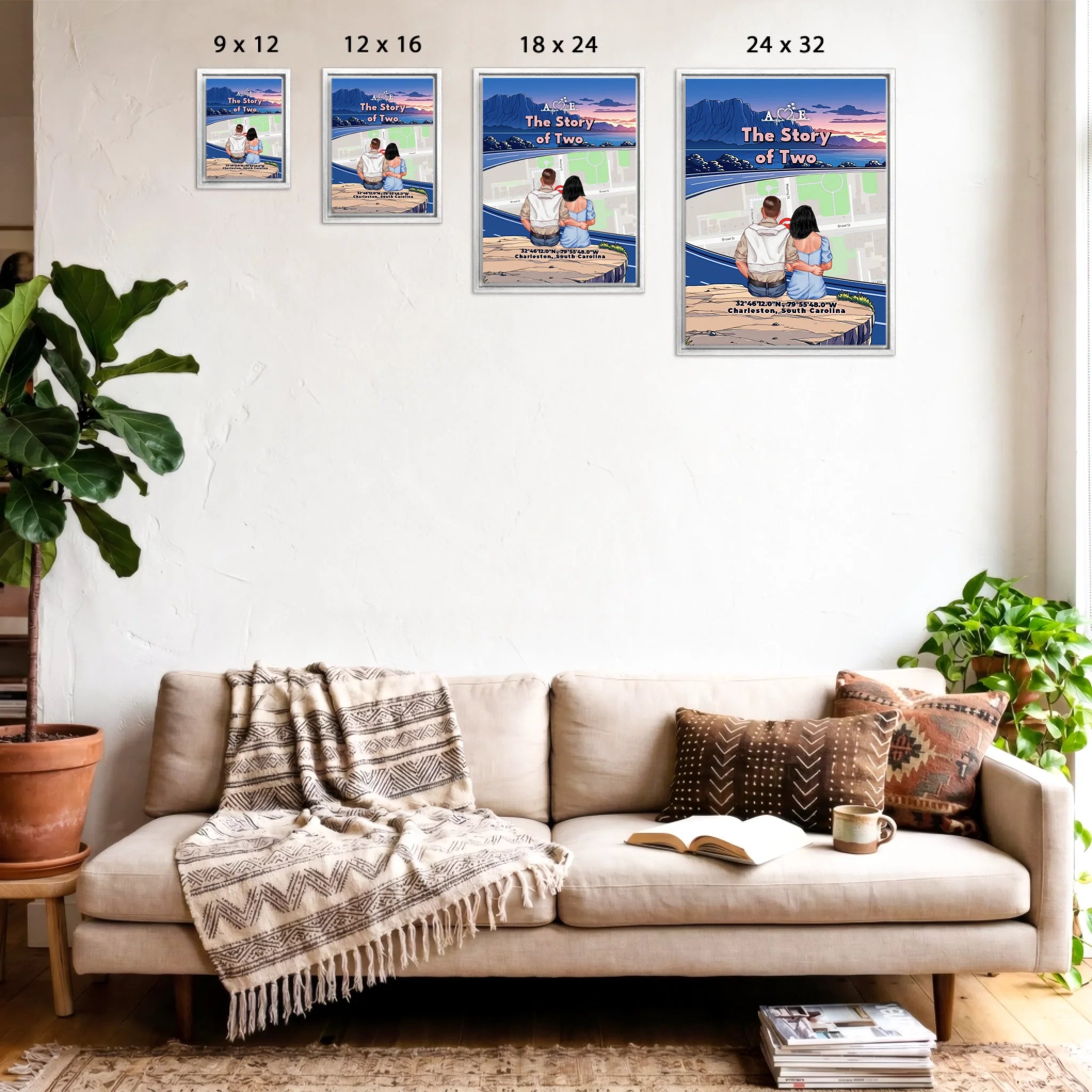 Personalized couple Framed canvas of a couple sitting at a cliff edge overlooking a custom city street map at sunset, with a heartbeat monogram of their initials, GPS coordinates, and city name — LOVECOUPLET