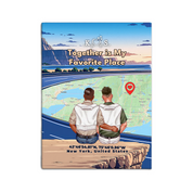 Personalized couple canvas of a gay couple sitting at a cliff edge overlooking a custom city street map at sunset, with a heartbeat monogram of their initials, GPS coordinates, and city name — LOVECOUPLET