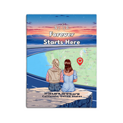 Personalized couple canvas of a lesbian couple sitting at a cliff edge overlooking a custom city street map at sunset, with a heartbeat monogram of their initials, GPS coordinates, and city name — LOVECOUPLET