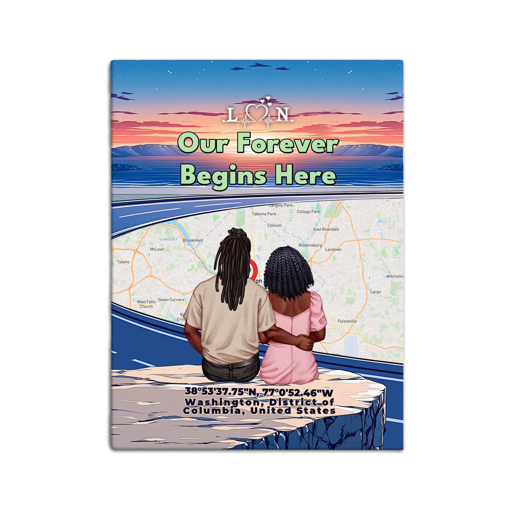 Personalized couple canvas of a couple sitting at a cliff edge overlooking a custom city street map at sunset, with a heartbeat monogram of their initials, GPS coordinates, and city name — LOVECOUPLET