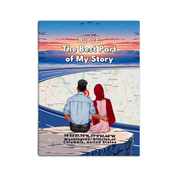 Personalized couple canvas of a muslim couple sitting at a cliff edge overlooking a custom city street map at sunset, with a heartbeat monogram of their initials, GPS coordinates, and city name — LOVECOUPLET