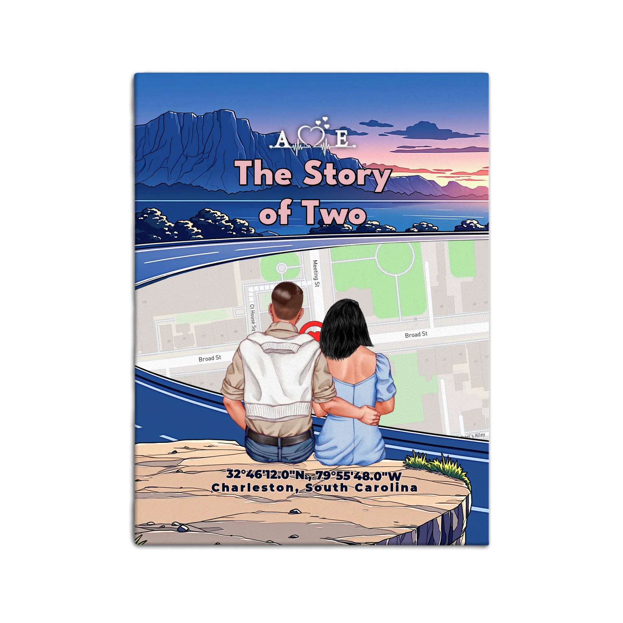 Personalized couple canvas of a couple sitting at a cliff edge overlooking a custom city street map at sunset, with a heartbeat monogram of their initials, GPS coordinates, and city name — LOVECOUPLET