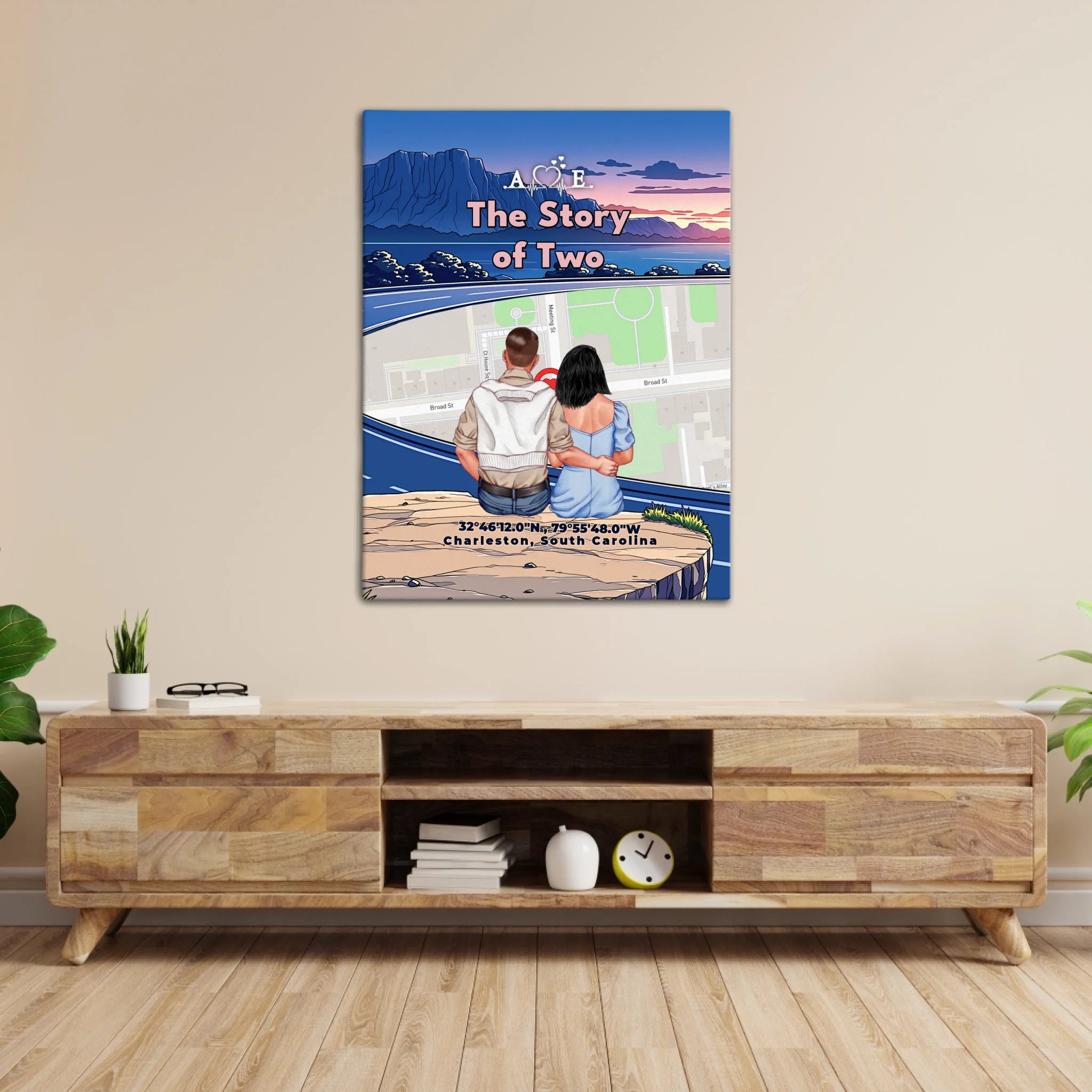 Personalized couple canvas of a couple sitting at a cliff edge overlooking a custom city street map at sunset, with a heartbeat monogram of their initials, GPS coordinates, and city name — LOVECOUPLET