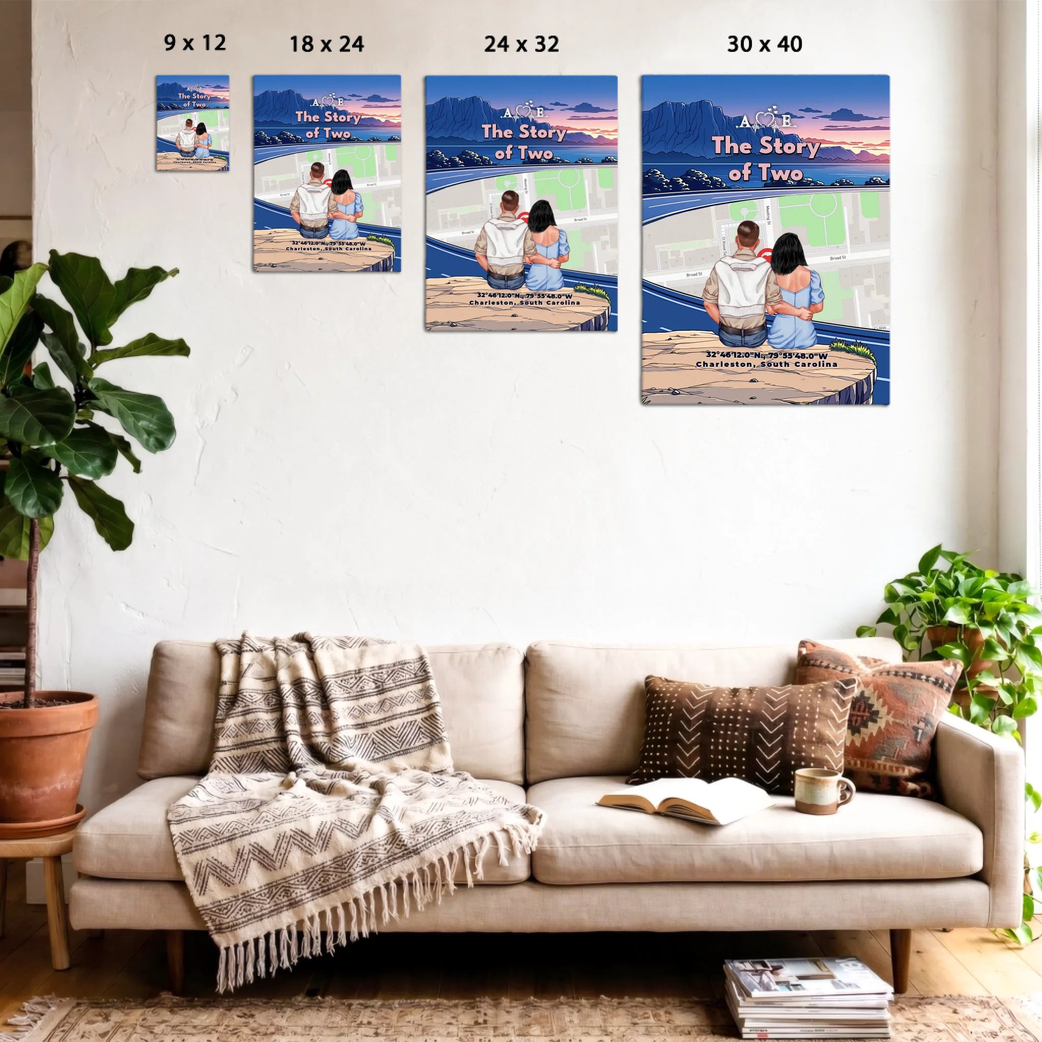 Personalized couple canvas of a couple sitting at a cliff edge overlooking a custom city street map at sunset, with a heartbeat monogram of their initials, GPS coordinates, and city name — LOVECOUPLET
