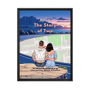 Personalized couple Framed canvas of a couple sitting at a cliff edge overlooking a custom city street map at sunset, with a heartbeat monogram of their initials, GPS coordinates, and city name — LOVECOUPLET