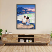 Personalized couple Framed canvas of a couple sitting at a cliff edge overlooking a custom city street map at sunset, with a heartbeat monogram of their initials, GPS coordinates, and city name — LOVECOUPLET