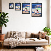 Personalized couple Framed canvas of a couple sitting at a cliff edge overlooking a custom city street map at sunset, with a heartbeat monogram of their initials, GPS coordinates, and city name — LOVECOUPLET