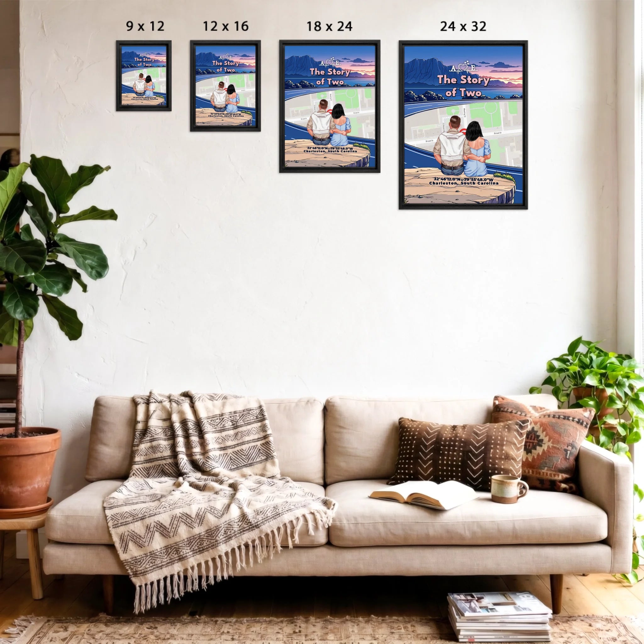 Personalized couple Framed canvas of a couple sitting at a cliff edge overlooking a custom city street map at sunset, with a heartbeat monogram of their initials, GPS coordinates, and city name — LOVECOUPLET