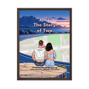 Personalized couple Framed canvas of a couple sitting at a cliff edge overlooking a custom city street map at sunset, with a heartbeat monogram of their initials, GPS coordinates, and city name — LOVECOUPLET