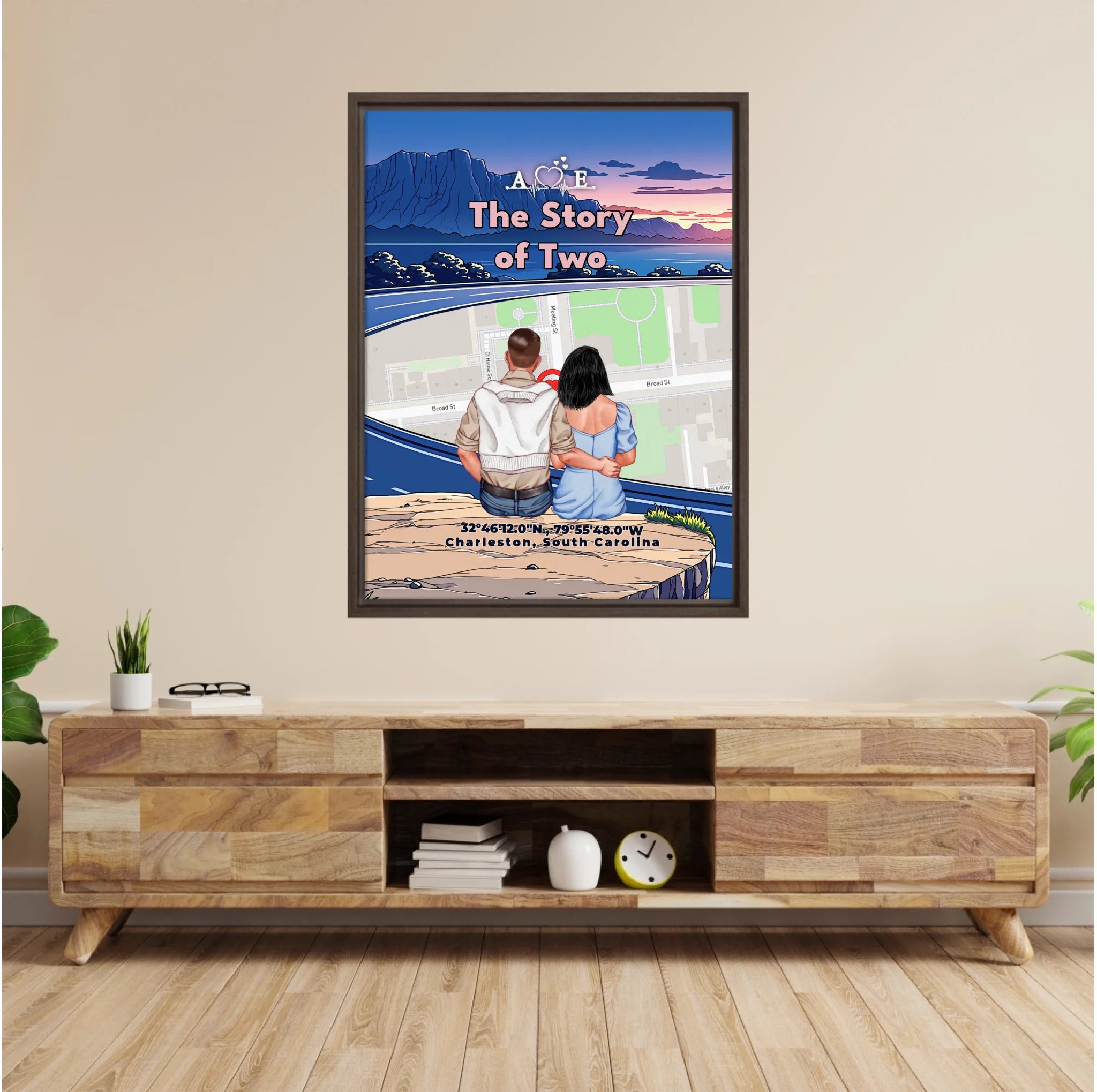 Personalized couple Framed canvas of a couple sitting at a cliff edge overlooking a custom city street map at sunset, with a heartbeat monogram of their initials, GPS coordinates, and city name — LOVECOUPLET