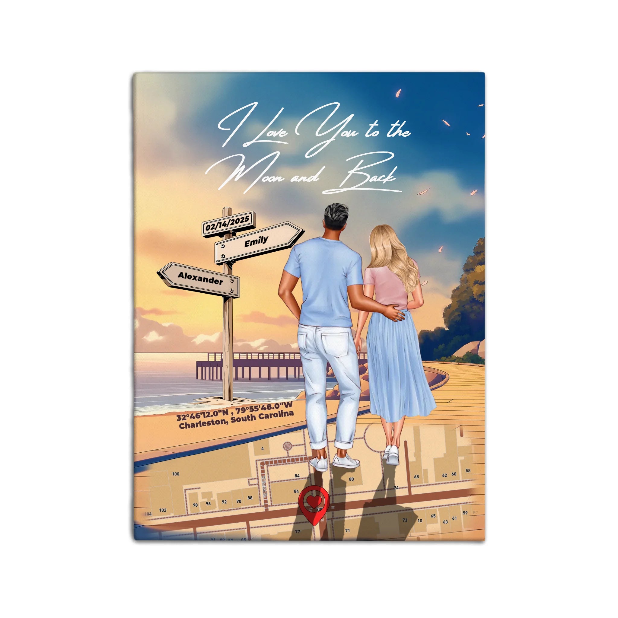 Personalized couple canvas of a man and woman walking a coastal path at sunset, with a wooden signpost showing custom names and date, plus a custom location map and GPS coordinates built into the path — LOVECOUPLET