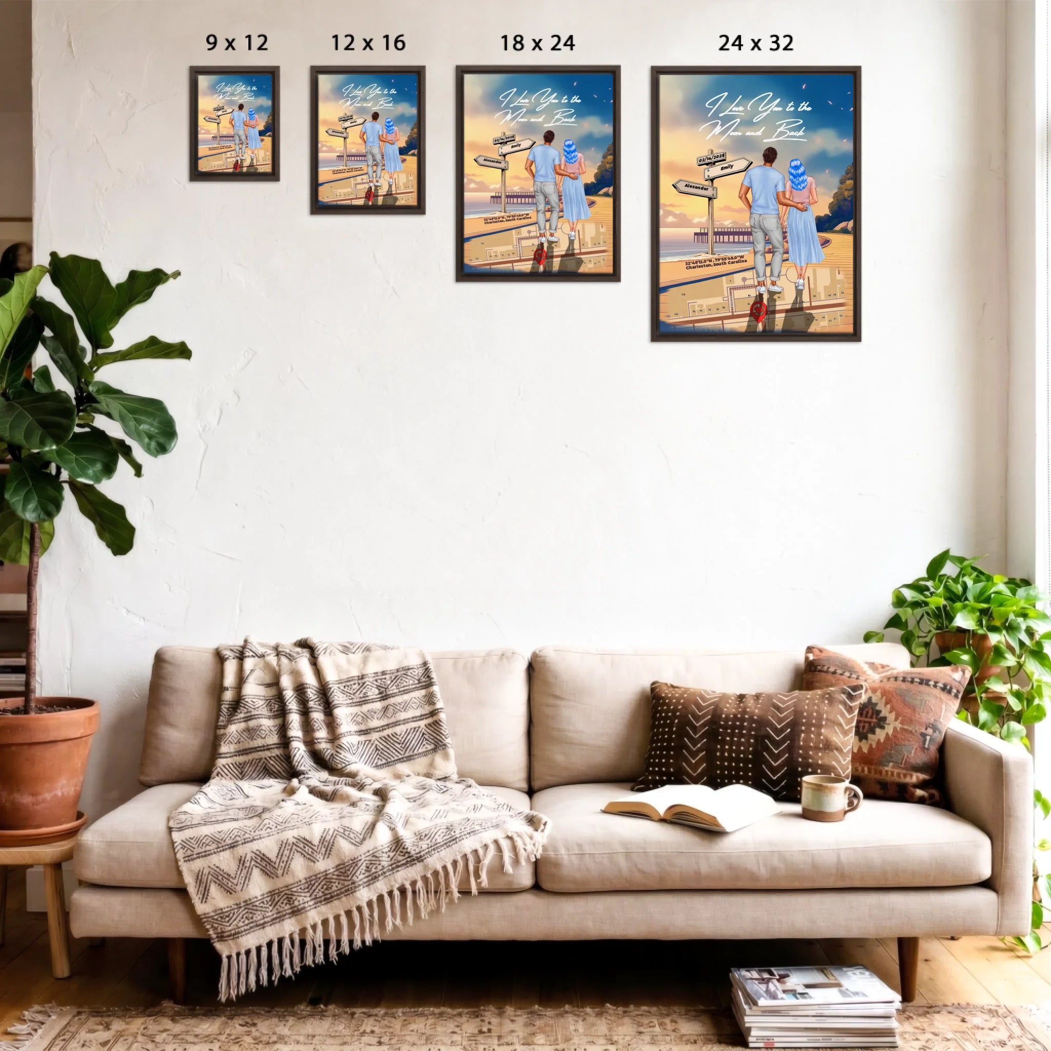 Personalized couple Framed canvas of a man and woman walking a coastal path at sunset, with a wooden signpost showing custom names and date, plus a custom location map and GPS coordinates built into the path — LOVECOUPLET