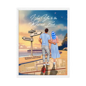 Personalized couple Framed canvas of a man and woman walking a coastal path at sunset, with a wooden signpost showing custom names and date, plus a custom location map and GPS coordinates built into the path — LOVECOUPLET