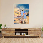 Personalized couple Framed canvas of a man and woman walking a coastal path at sunset, with a wooden signpost showing custom names and date, plus a custom location map and GPS coordinates built into the path — LOVECOUPLET