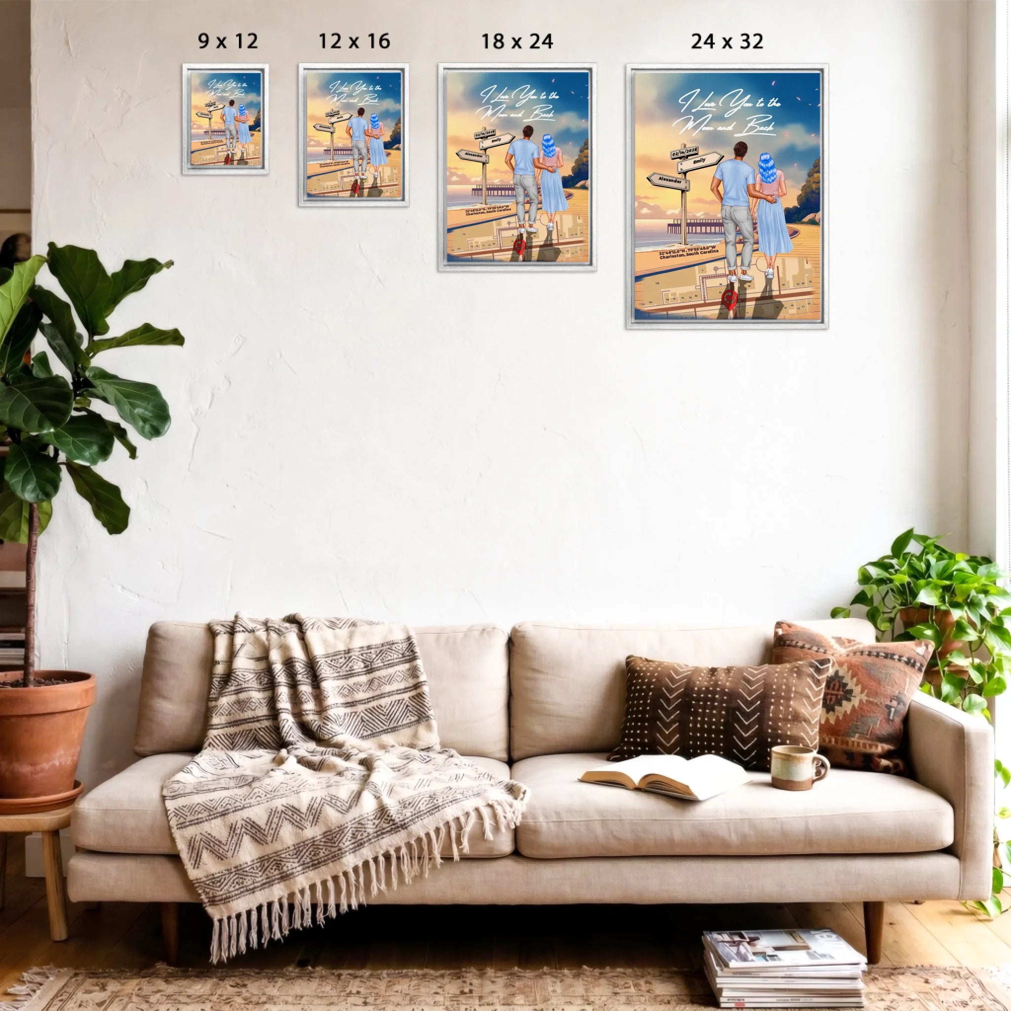 Personalized couple Framed canvas of a man and woman walking a coastal path at sunset, with a wooden signpost showing custom names and date, plus a custom location map and GPS coordinates built into the path — LOVECOUPLET