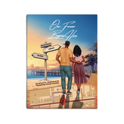 Personalized couple canvas of a man and woman walking a coastal path at sunset, with a wooden signpost showing custom names and date, plus a custom location map and GPS coordinates built into the path — LOVECOUPLET