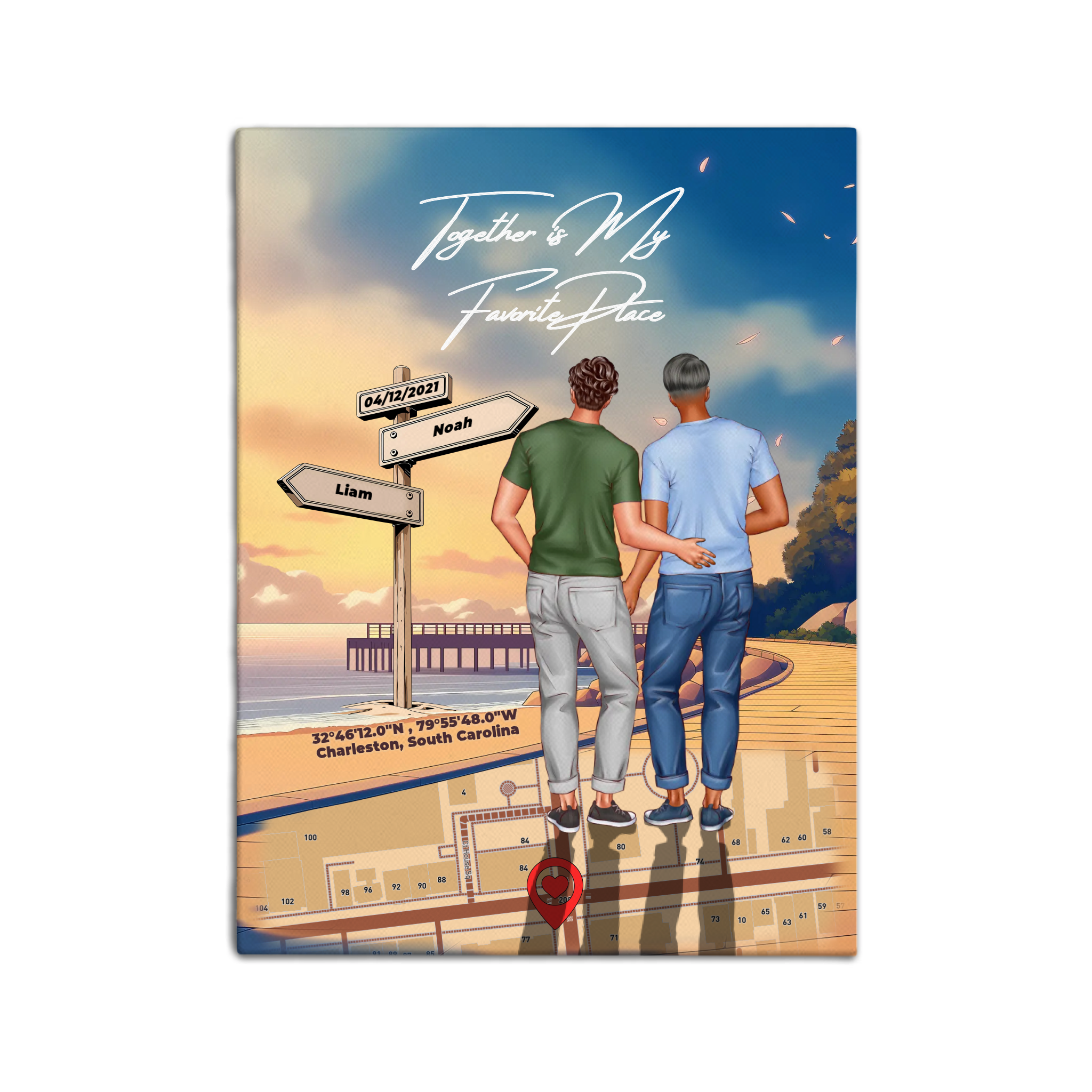 Personalized gay couple canvas of two men walking a coastal path at sunset, with a wooden signpost showing custom names and date, plus a custom location map and GPS coordinates built into the path — LOVECOUPLET