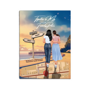 Personalized lesbian couple canvas of two women walking a coastal path at sunset, with a wooden signpost showing custom names and date, plus a custom location map and GPS coordinates built into the path — LOVECOUPLET