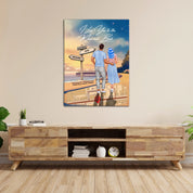 Personalized couple canvas of a man and woman walking a coastal path at sunset, with a wooden signpost showing custom names and date, plus a custom location map and GPS coordinates built into the path — LOVECOUPLET