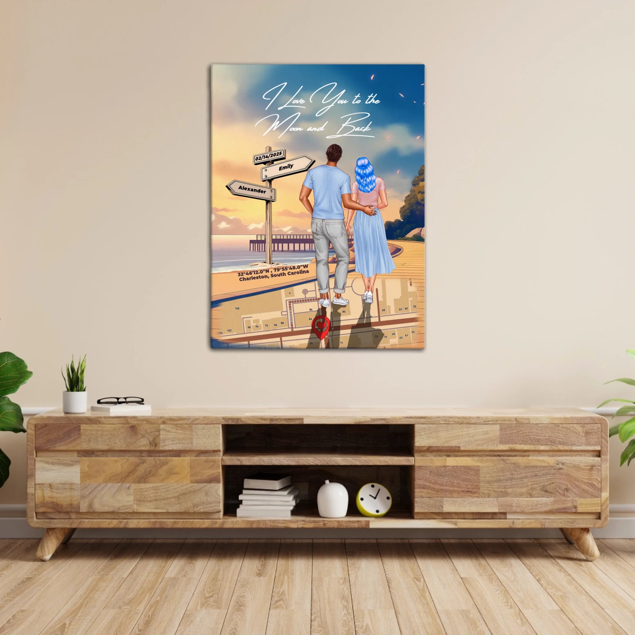 Personalized couple canvas of a man and woman walking a coastal path at sunset, with a wooden signpost showing custom names and date, plus a custom location map and GPS coordinates built into the path — LOVECOUPLET