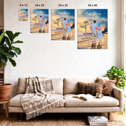 Personalized couple canvas of a man and woman walking a coastal path at sunset, with a wooden signpost showing custom names and date, plus a custom location map and GPS coordinates built into the path — LOVECOUPLET