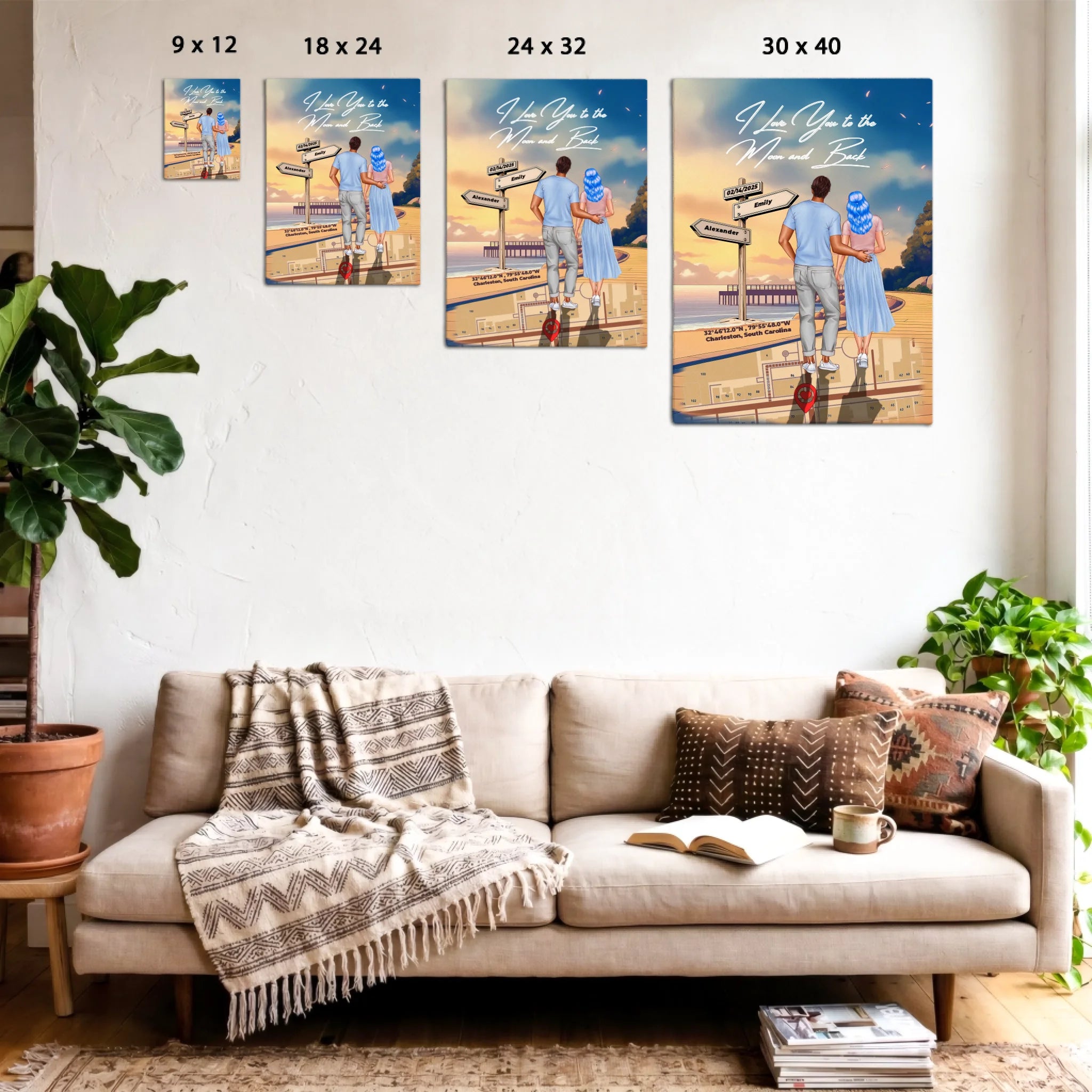 Personalized couple canvas of a man and woman walking a coastal path at sunset, with a wooden signpost showing custom names and date, plus a custom location map and GPS coordinates built into the path — LOVECOUPLET