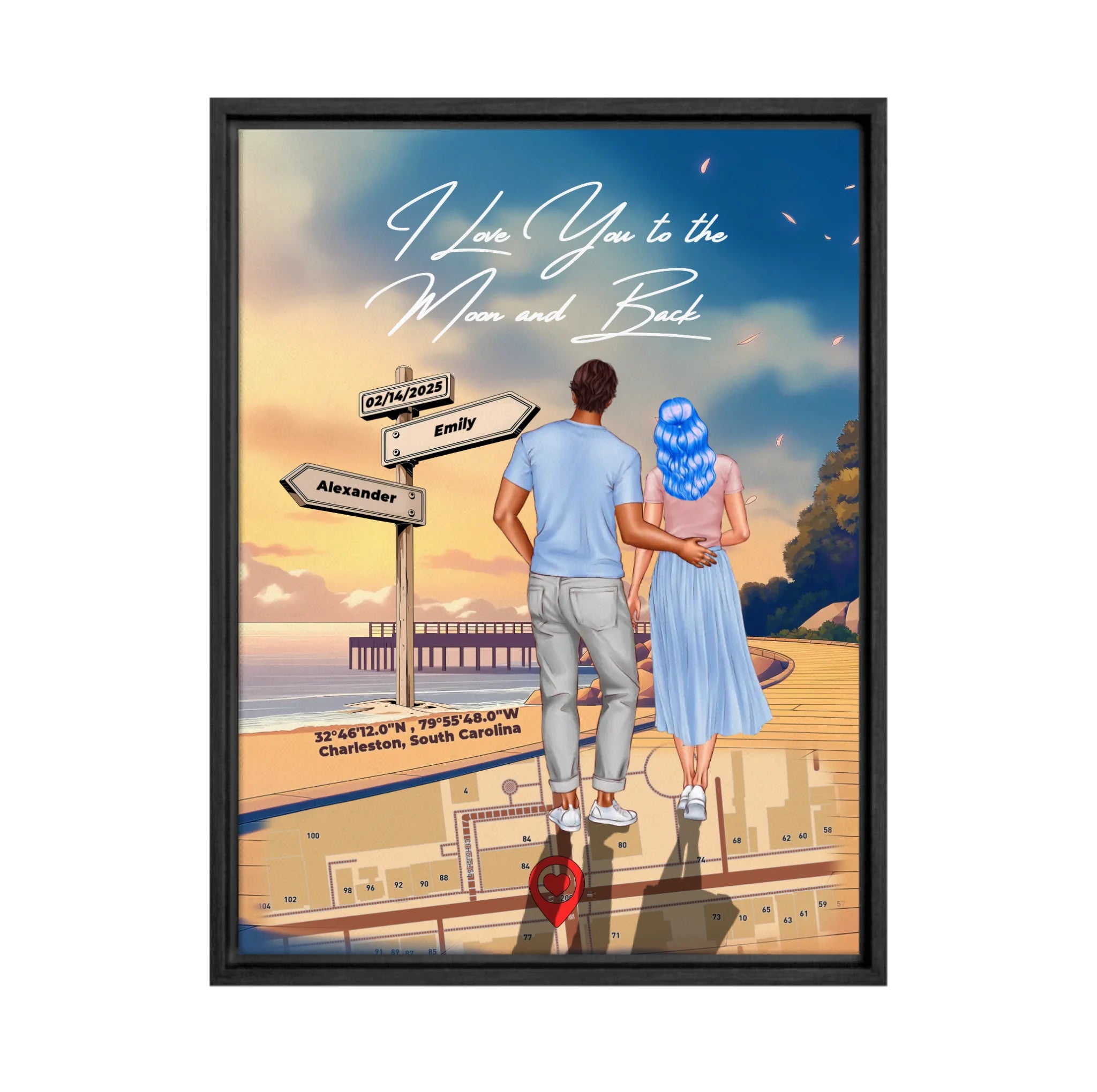 Personalized couple Framed canvas of a man and woman walking a coastal path at sunset, with a wooden signpost showing custom names and date, plus a custom location map and GPS coordinates built into the path — LOVECOUPLET
