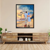 Personalized couple Framed canvas of a man and woman walking a coastal path at sunset, with a wooden signpost showing custom names and date, plus a custom location map and GPS coordinates built into the path — LOVECOUPLET