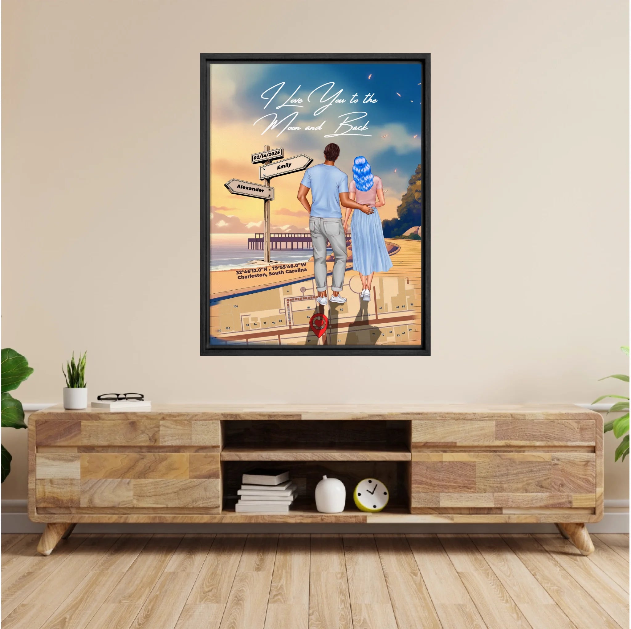 Personalized couple Framed canvas of a man and woman walking a coastal path at sunset, with a wooden signpost showing custom names and date, plus a custom location map and GPS coordinates built into the path — LOVECOUPLET