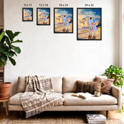 Personalized couple Framed canvas of a man and woman walking a coastal path at sunset, with a wooden signpost showing custom names and date, plus a custom location map and GPS coordinates built into the path — LOVECOUPLET