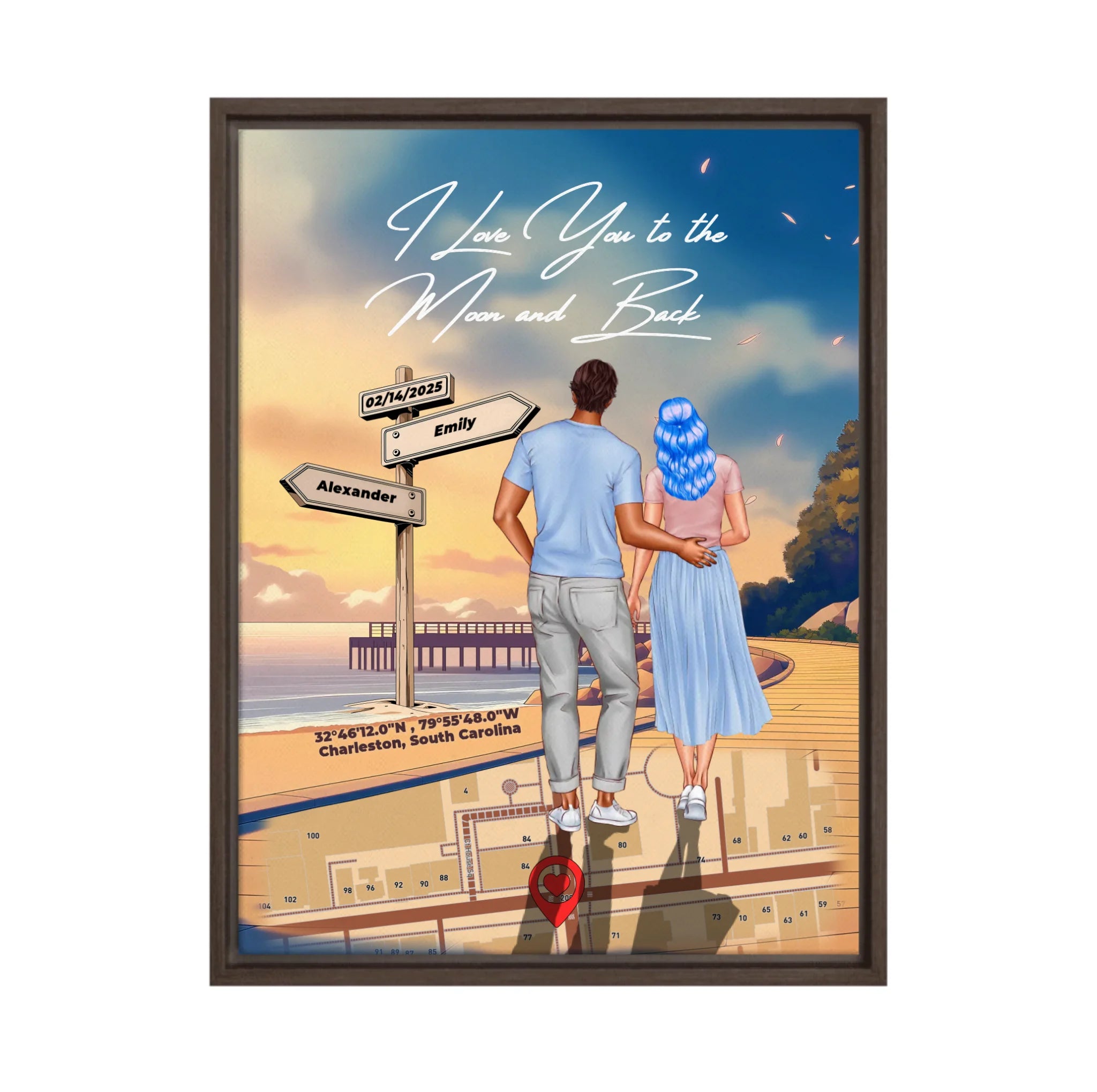 Personalized couple Framed canvas of a man and woman walking a coastal path at sunset, with a wooden signpost showing custom names and date, plus a custom location map and GPS coordinates built into the path — LOVECOUPLET