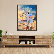 Personalized couple Framed canvas of a man and woman walking a coastal path at sunset, with a wooden signpost showing custom names and date, plus a custom location map and GPS coordinates built into the path — LOVECOUPLET