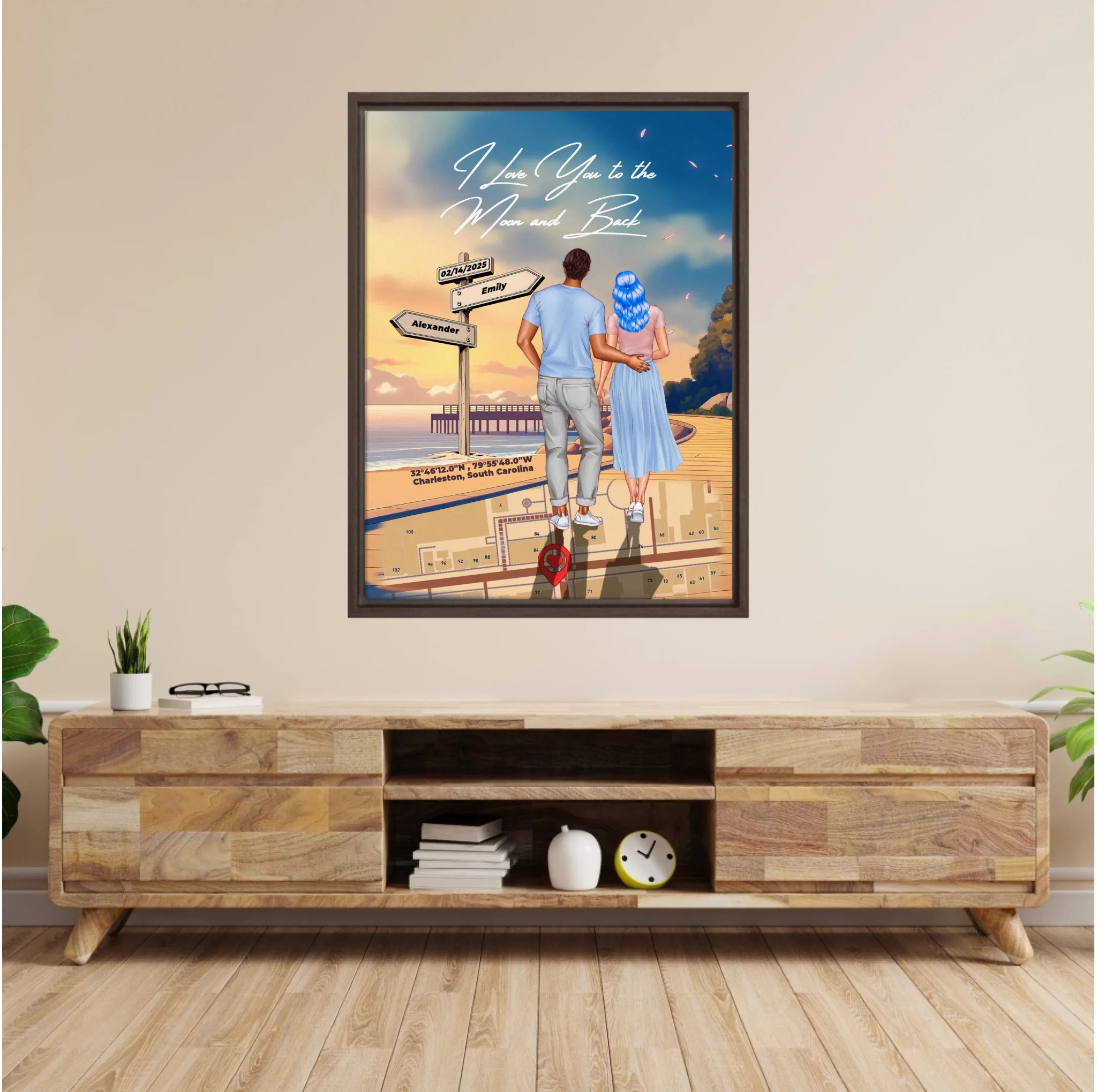 Personalized couple Framed canvas of a man and woman walking a coastal path at sunset, with a wooden signpost showing custom names and date, plus a custom location map and GPS coordinates built into the path — LOVECOUPLET