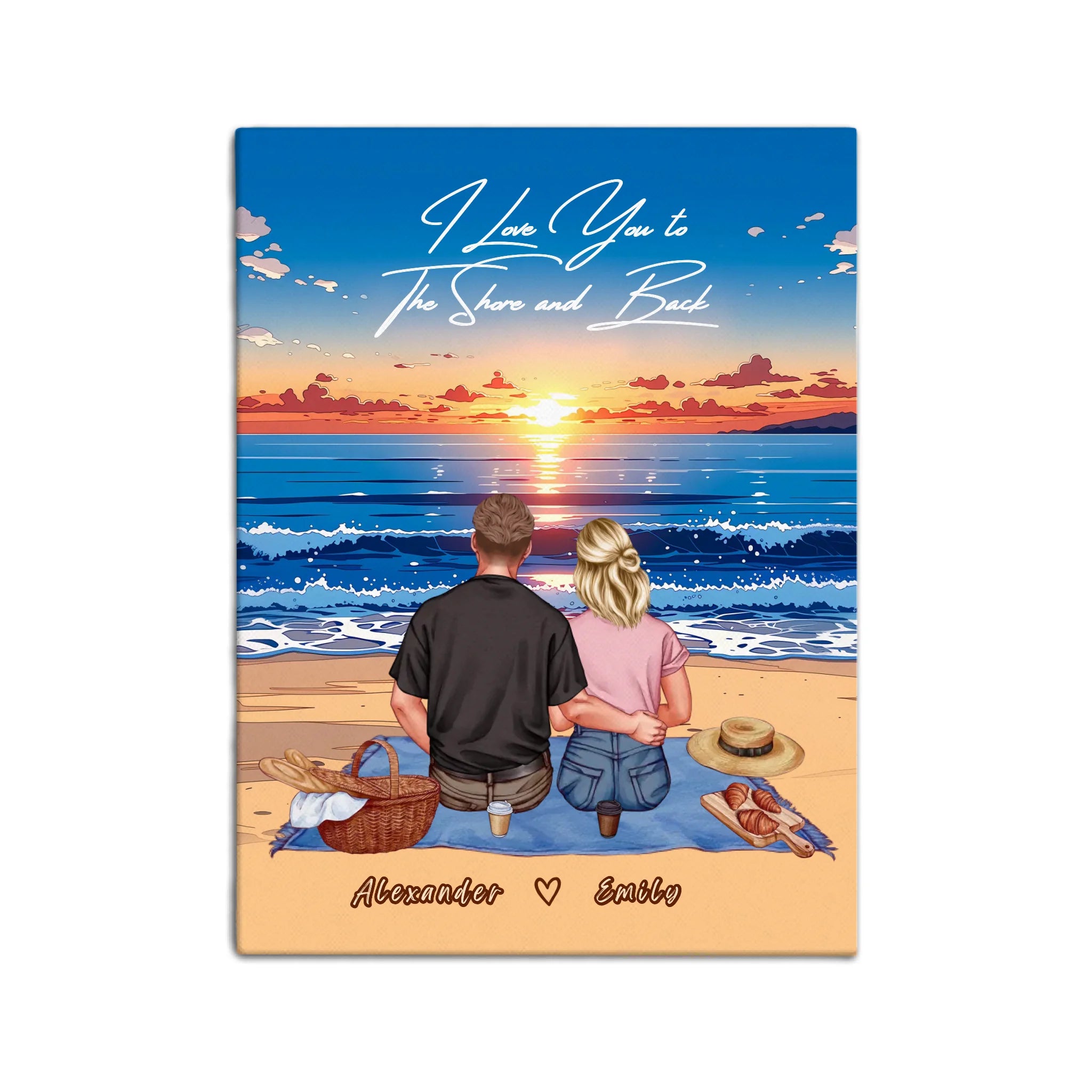 Personalized couple canvas of two people sitting together on a beach picnic blanket at sunset, with a custom romantic quote above the ocean and their names written in the sand — LOVECOUPLET